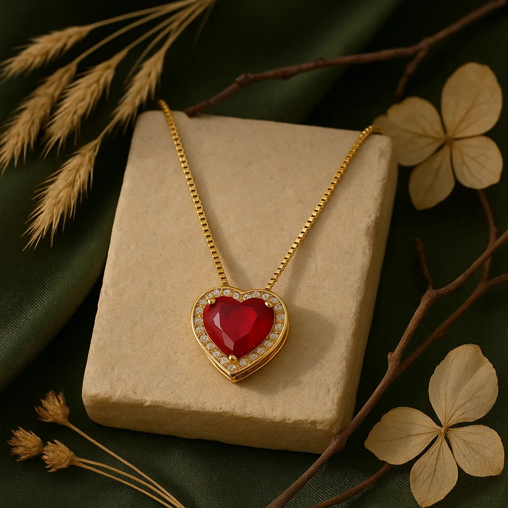 Colar Dourado de Pedra Natural Vermelha Coração Cravejado de Zircônia